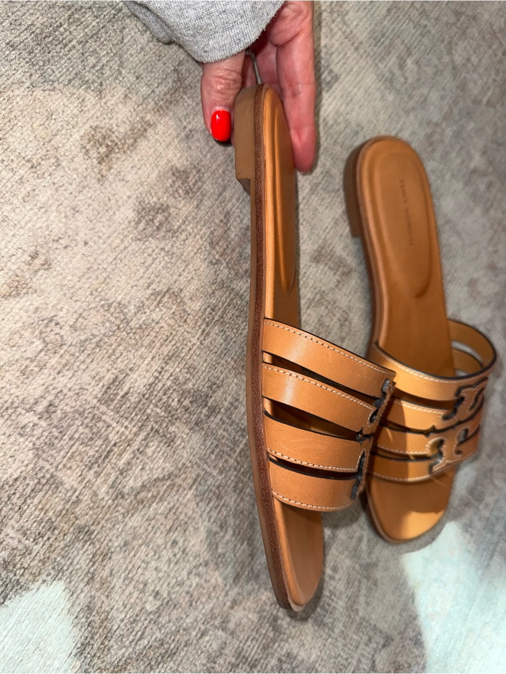 Tory Burch Ines Cognac Leather Triple-Strap Slide Mules - Picture 13 of 16